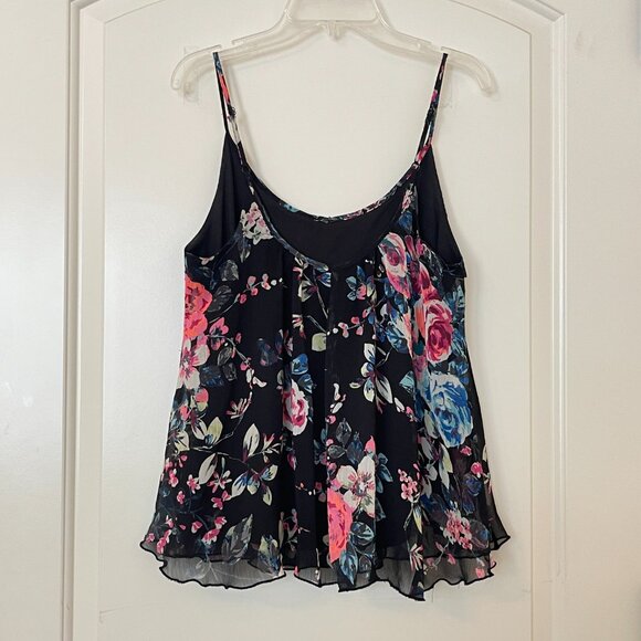 Express Tank Top Blouse Small Spaghetti Strap Black Floral Rose Flowy Swing - Picture 2 of 4